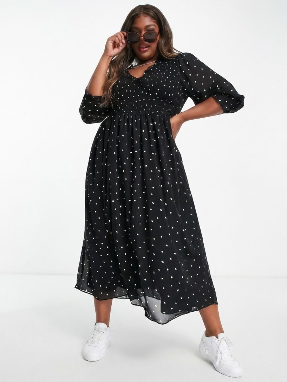 ASOS Curve Polka Dot Chiffon Midi Dress Women Black White Ruffle Size 18